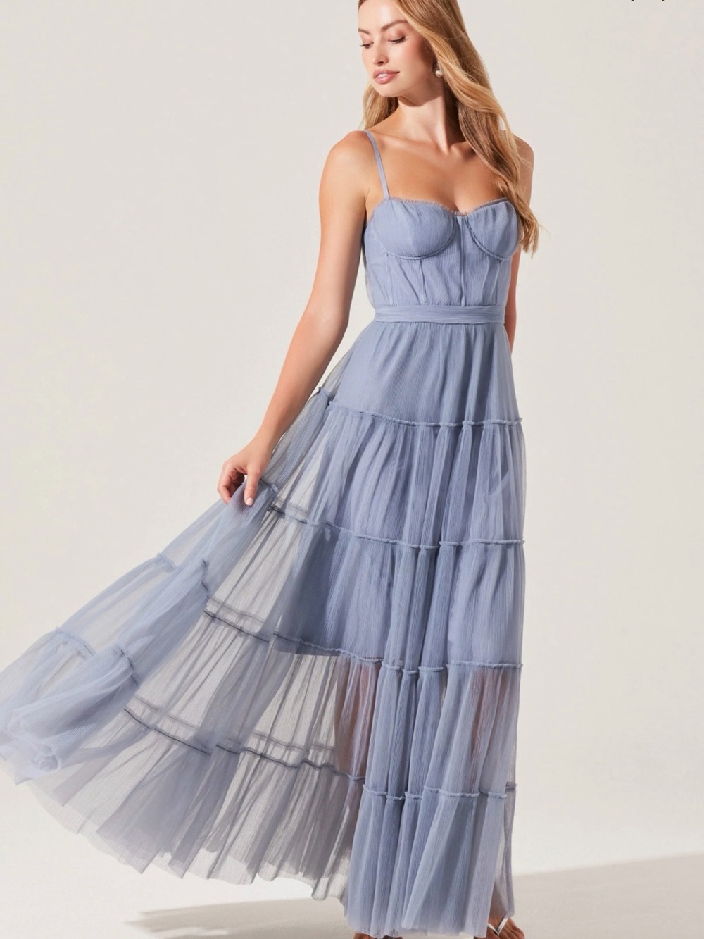 Astr Light Blue Tiered Tulle Maxi Dress